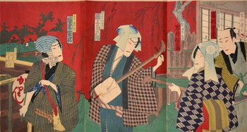 Kabuki Play: Onoe Kikugoro as Bonji no Kiyojiro and Iwai Matsunosuke as Omaki by Chikanobu, Woodblock Print