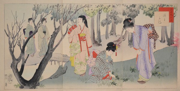 Gathering Wildflowers in the Forest by Miyagawa, Shuntei, Woodblock Print
