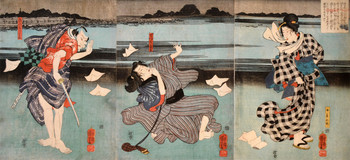 Scene from Kabuki Play: Yoshibei, Chokichi and Yoshibei's Wife Oume by Kuniyoshi, Woodblock Print