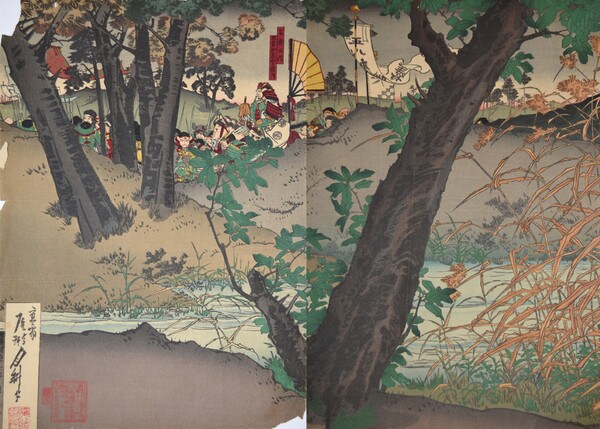 Winter Battle in Osaka (Sanada Yukimura Hides in Reeds) by Gekko, Woodblock Print