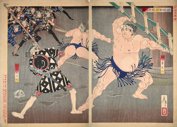 Sumo Fight at Shinmei by Yoshitoshi, Woodblock Print