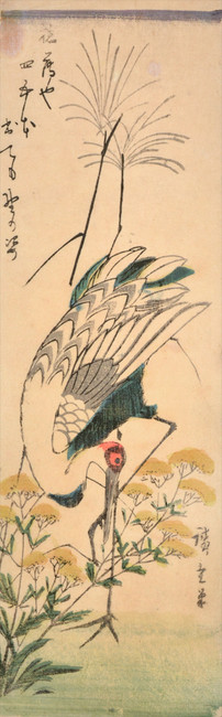Crane and Autumn Flowers by Hiroshige, Woodblock Print