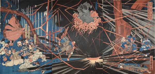 The Ghost of Akugenta Yoshihira Revenge of Namba Jiro at Nunobiki Waterfall by Kuniyoshi, Woodblock Print