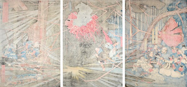 The Ghost of Akugenta Yoshihira Revenge of Namba Jiro at Nunobiki Waterfall by Kuniyoshi, Woodblock Print