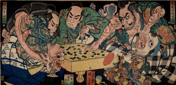 Earth Spider's Goblins Berge on Raiko's Retainers Game of Go by Kuniyoshi, Woodblock Print
