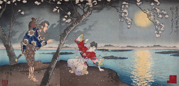 Tale of Umewaka at Sumida River by Yoshitoshi, Woodblock Print