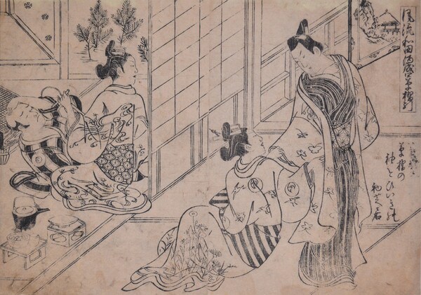 Courtesan and Young Patron by Masanobu, Woodblock Print