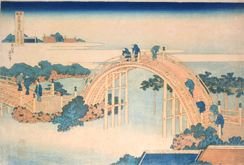 Drum Bridge at Kameido Tenjin Shrine by Hokusai, Woodblock Print