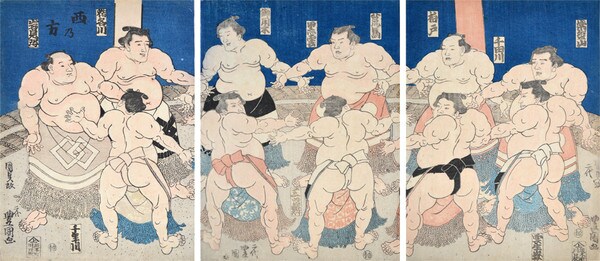 Sumo Wrestlers on the Ring for Entering Ceremony by Toyokuni III, Woodblock Print