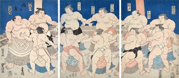 Sumo Wrestlers on the Ring for Entering Ceremony by Toyokuni III, Woodblock Print