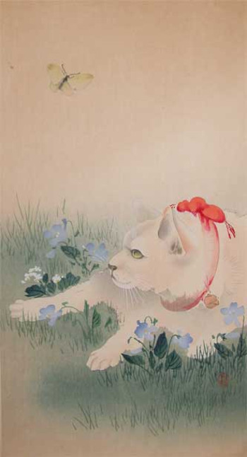 Cat and Butterfly by Koson, Woodblock Print