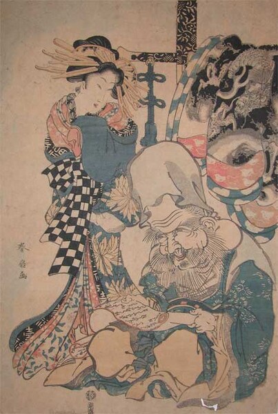 Courtesan and Fukurokuju the God of Luck by Shunsen, Woodblock Print