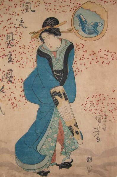 Woman in Blue Kimono in Snow by Kuniyoshi, Woodblock Print