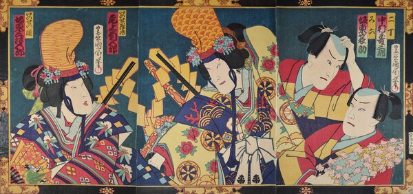 Onoe Kikugoro and Bando Mitsugoro as Courtesans with Nakamura Juzaburo and Bando Minosuke by Kunichika, Woodblock Print