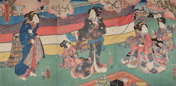 Viewing Cherry Blossoms by Kunichika, Woodblock Print