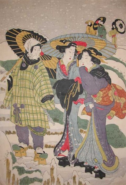 Evening Snow on the Sumida River by Shunsen, Woodblock Print