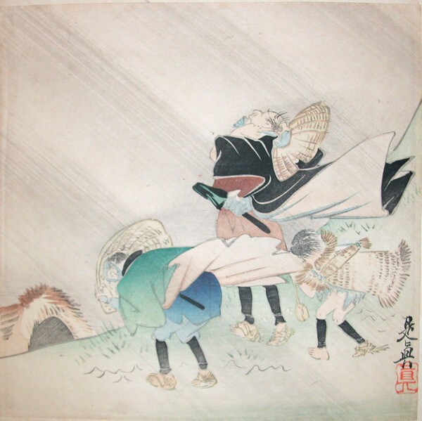 Two Samurai in Wind Storm by Zeshin, Woodblock Print