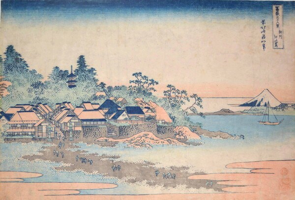 Enoshima in Sagami Province by Hokusai, Woodblock Print