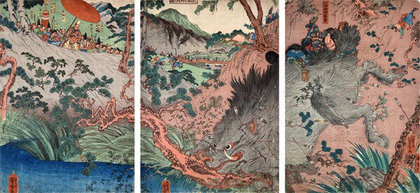 Scene from Yoritomo's Hunting Party: Nitta Shiro Tadatsune Killing Wild Boar by Kuniyoshi, Woodblock Print