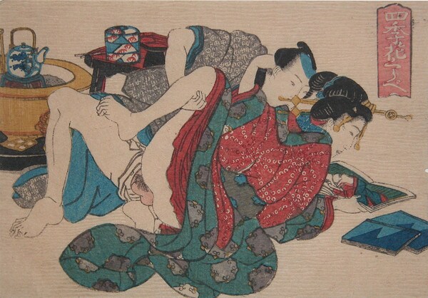 Winter: Reading a Shunga Book by Toyokuni III, Woodblock Print