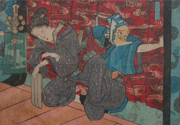 Love with a Comedian on Stage by Kunisada, Woodblock Print