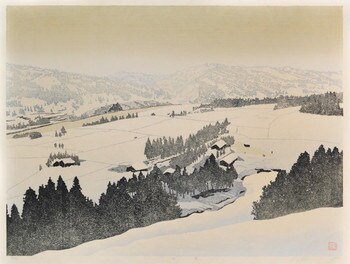 Mountain Village by Miyamoto, Shufu, Woodblock Print