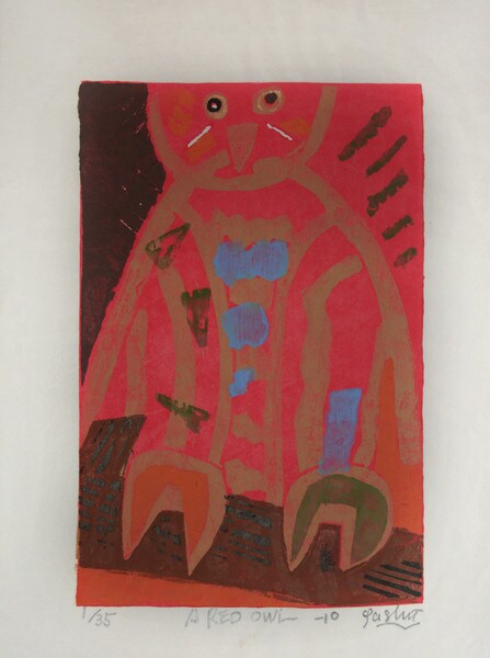 A Red Owl by Fukami, Gashu, Woodblock Print
