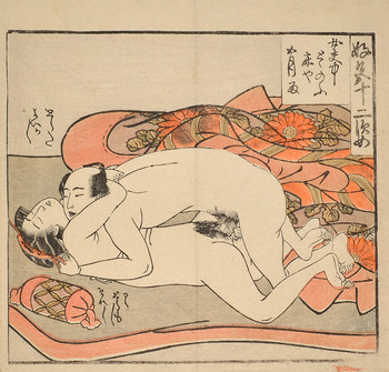 Under Spring Blankets by Koryusai, Woodblock Print
