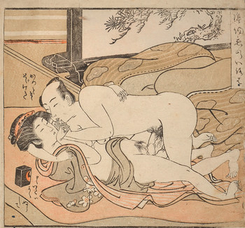Man Unties His Lover's Robe by Koryusai, Woodblock Print