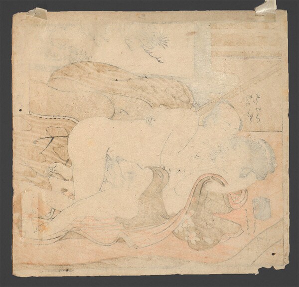 Man Unties His Lover's Robe by Koryusai, Woodblock Print