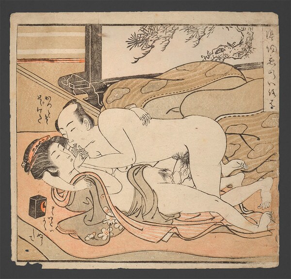 Man Unties His Lover's Robe by Koryusai, Woodblock Print