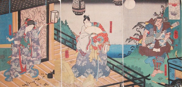 Hachiman Taro Yoshiie Cutting Go Board by Kuniyoshi, Woodblock Print