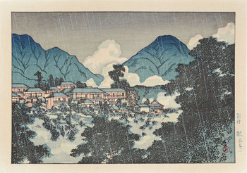 Kankai Temple in Rain, Beppu by Hasui, Woodblock Print