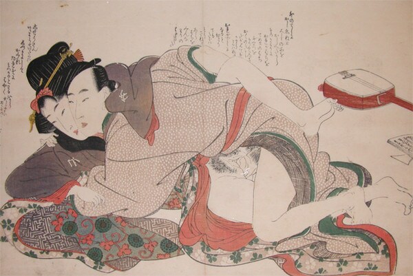 First Time: Young Girl and Her Music Teacher by Eizan, Woodblock Print