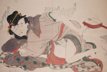 First Time: Young Girl and Her Music Teacher by Eizan, Woodblock Print
