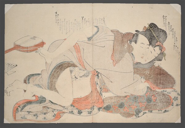 First Time: Young Girl and Her Music Teacher by Eizan, Woodblock Print