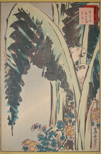 White Sparrows and Banana Leaves by Sugakudo, Woodblock Print