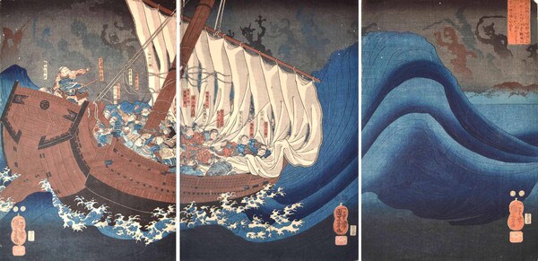 Taira Ghosts Attacking Yoshitsune in Daimotsu Bay by Kuniyoshi, Woodblock Print