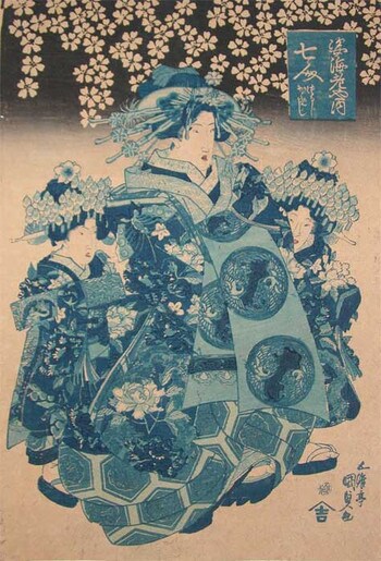 Courtesan and Kamuro from the House of SugataEbiya by Kunisada, Woodblock Print