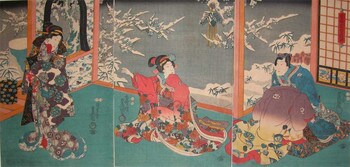 Plum Blossoms and Snow through the Window, the Nature of Youth by Toyokuni III, Woodblock Print