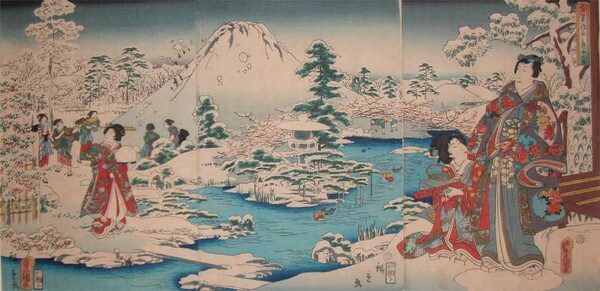 Prince Genji in a Snowy Garden by Toyokuni III, Woodblock Print