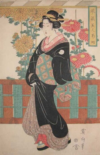 Bijin and Chrysanthemums by Eizan, Woodblock Print