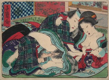 Young Family: Father, Mother and Child by Kunisada, Woodblock Print