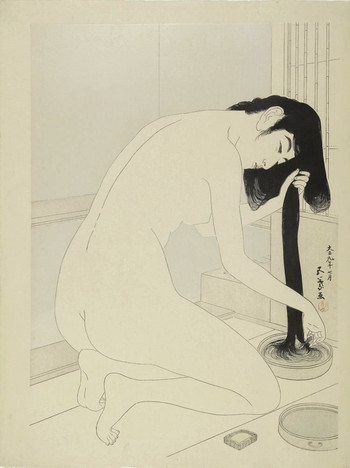 Woman Washing Her Hair by Goyo, Woodblock Print