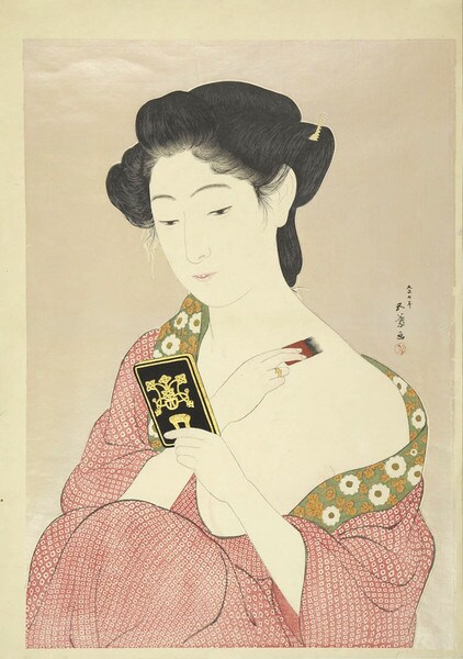 Woman Applying Powder by Goyo, Woodblock Print