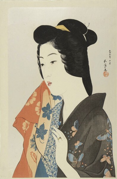 Woman Holding a Towel by Goyo, Woodblock Print