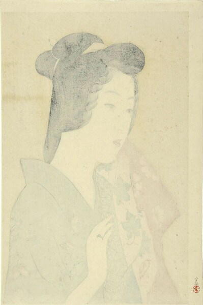 Woman Holding a Towel by Goyo, Woodblock Print