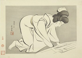 Woman Folding Kimono by Goyo, Woodblock Print