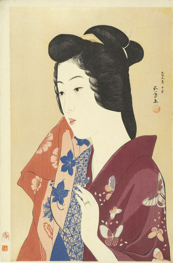 Woman Holding a Towel by Goyo, Woodblock Print