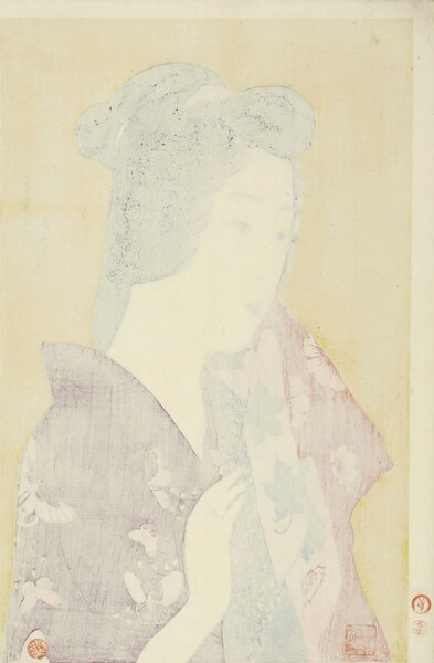 Woman Holding a Towel by Goyo, Woodblock Print